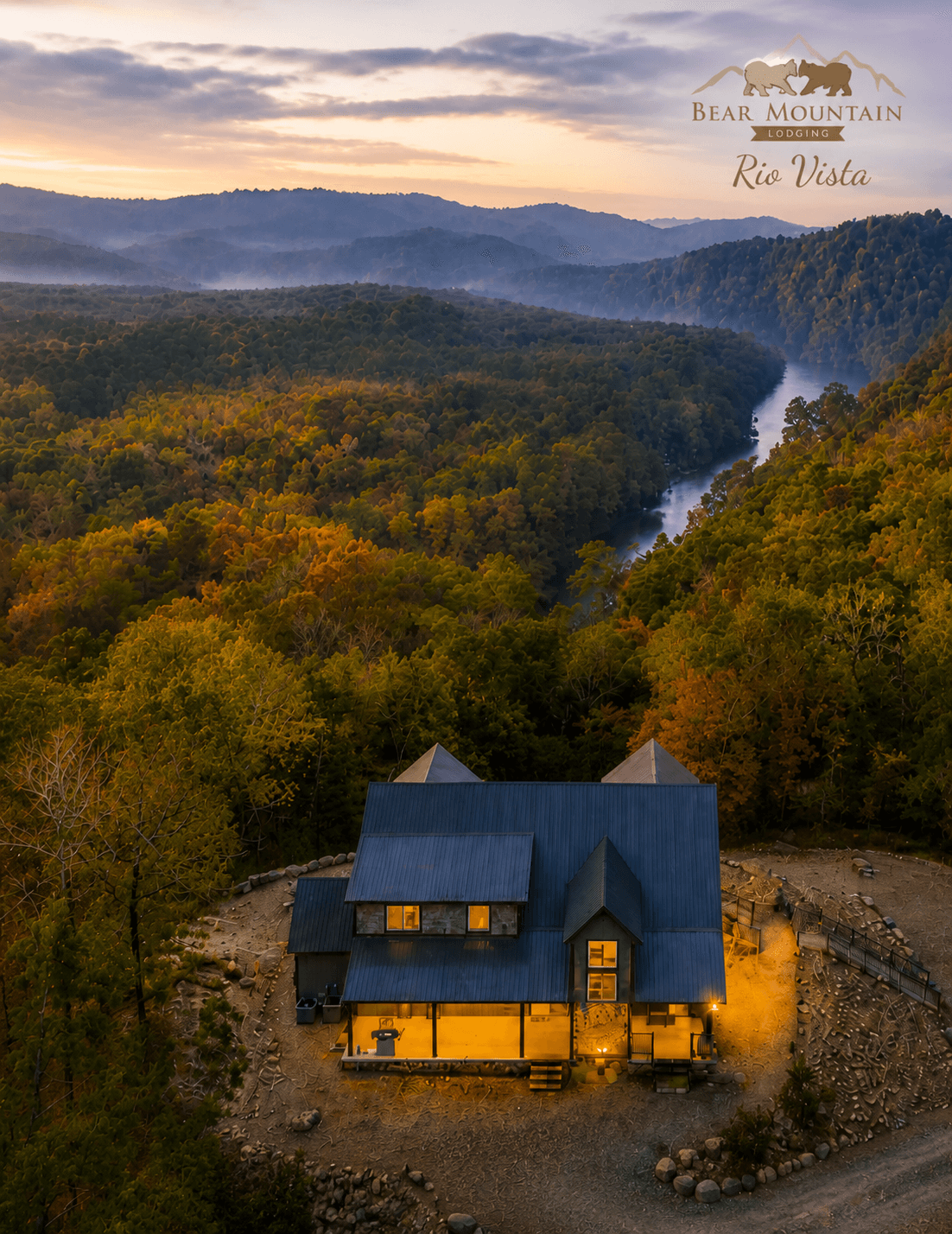 Scenic view of Hochatown Oklahoma with forest, lake, and cabin